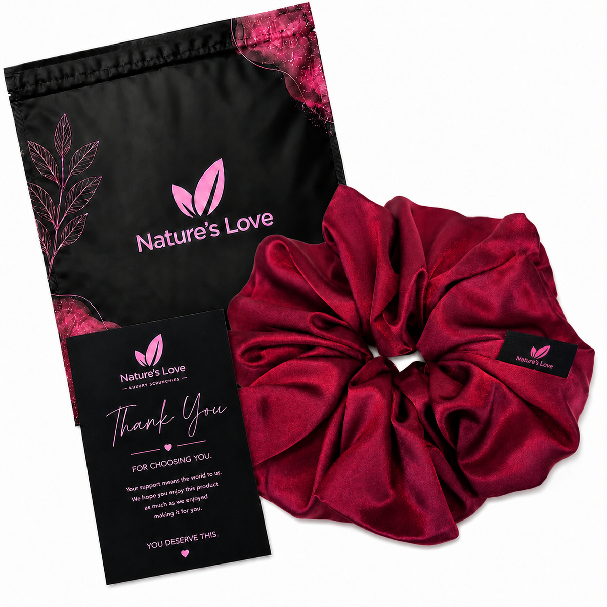 Nature's Love Burgundy XL Satin Scrunchie – Handmade Oversized Jumbo Hair Tie for Curly, Coily, Thick & Natural Hair