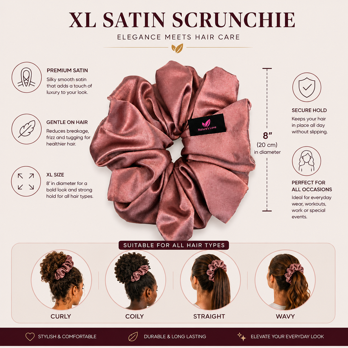 Nature's Love Blush Pink XL Satin Scrunchie – Handmade Oversized Jumbo Hair Tie for Curly, Coily, Thick & Natural Hair