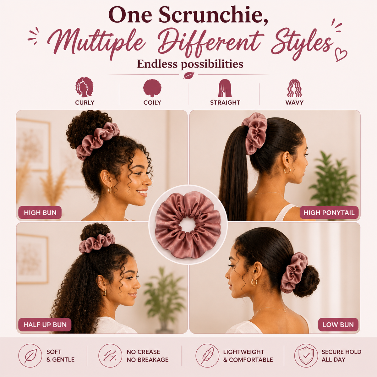 Nature's Love Blush Pink XL Satin Scrunchie – Handmade Oversized Jumbo Hair Tie for Curly, Coily, Thick & Natural Hair