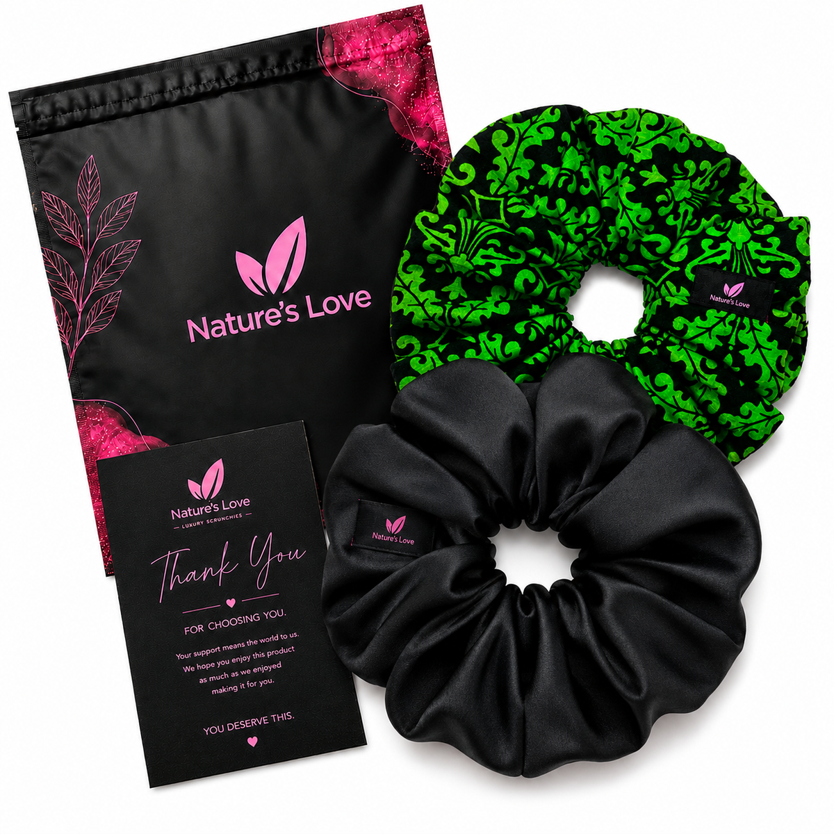 Nature's Love Botanica XL Scrunchie Duo – Black Satin & Green African Print Oversized Hair Scrunchies, Handmade 2-Pack