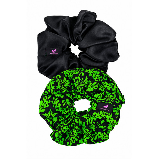 Nature's Love Botanica XL Scrunchie Duo – Black Satin & Green African Print Oversized Hair Scrunchies, Handmade 2-Pack
