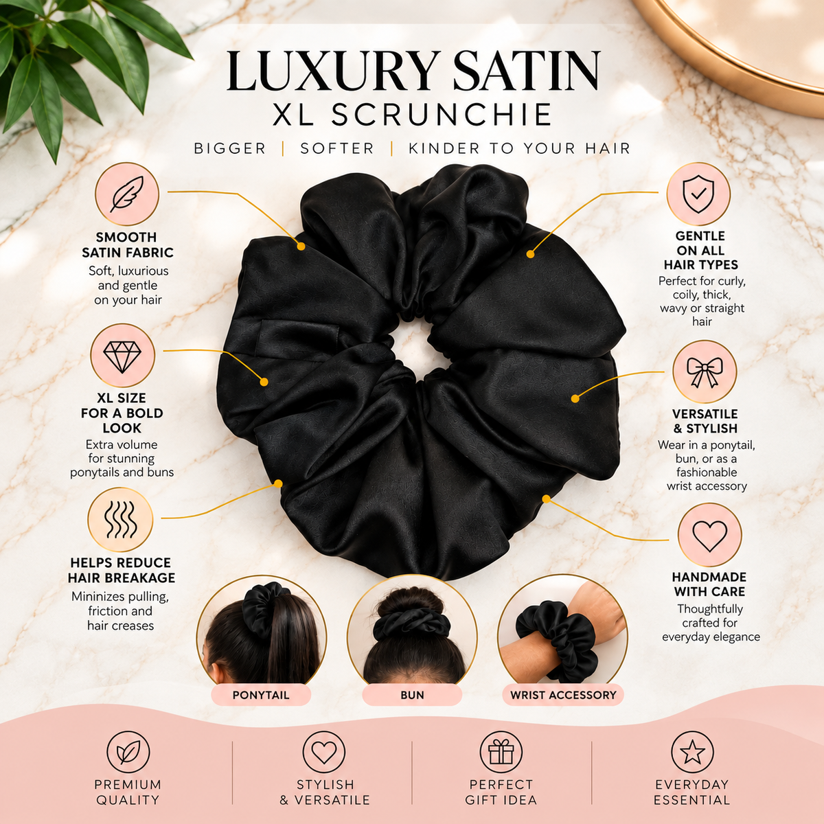 Nature's Love Botanica XL Scrunchie Duo – Black Satin & Green African Print Oversized Hair Scrunchies, Handmade 2-Pack
