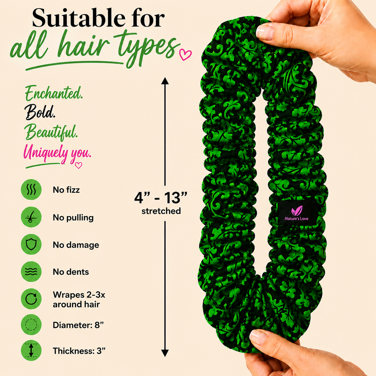 Nature's Love Botanica XL Scrunchie Duo – Black Satin & Green African Print Oversized Hair Scrunchies, Handmade 2-Pack