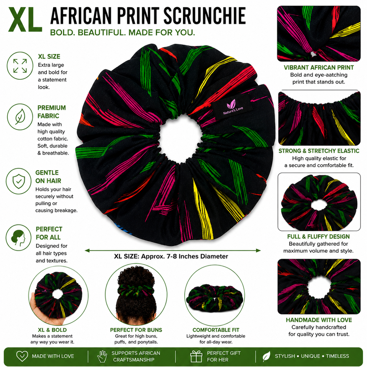 Nature's Love Brush Strokes XL African Print Scrunchie – Handmade Oversized Jumbo Hair Tie for Curly, Coily & Thick Hair