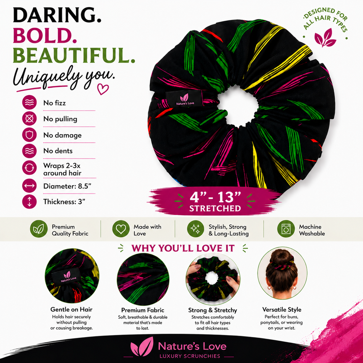 Nature's Love Brush Strokes XL African Print Scrunchie – Handmade Oversized Jumbo Hair Tie for Curly, Coily & Thick Hair
