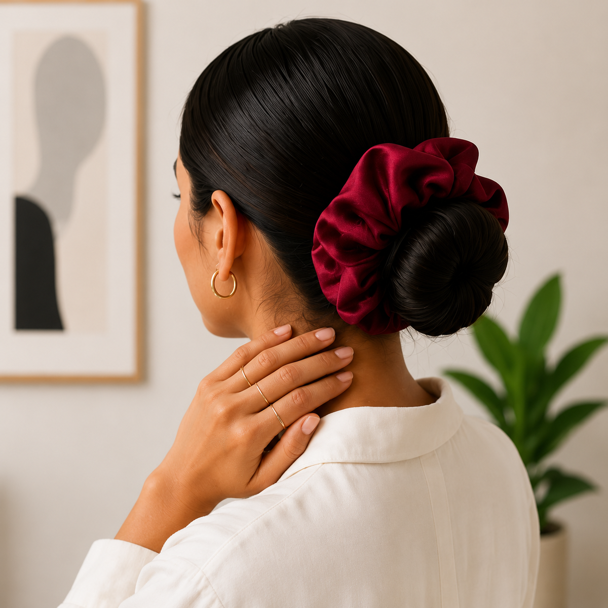 Nature's Love Burgundy XL Satin Scrunchie – Handmade Oversized Jumbo Hair Tie for Curly, Coily, Thick & Natural Hair