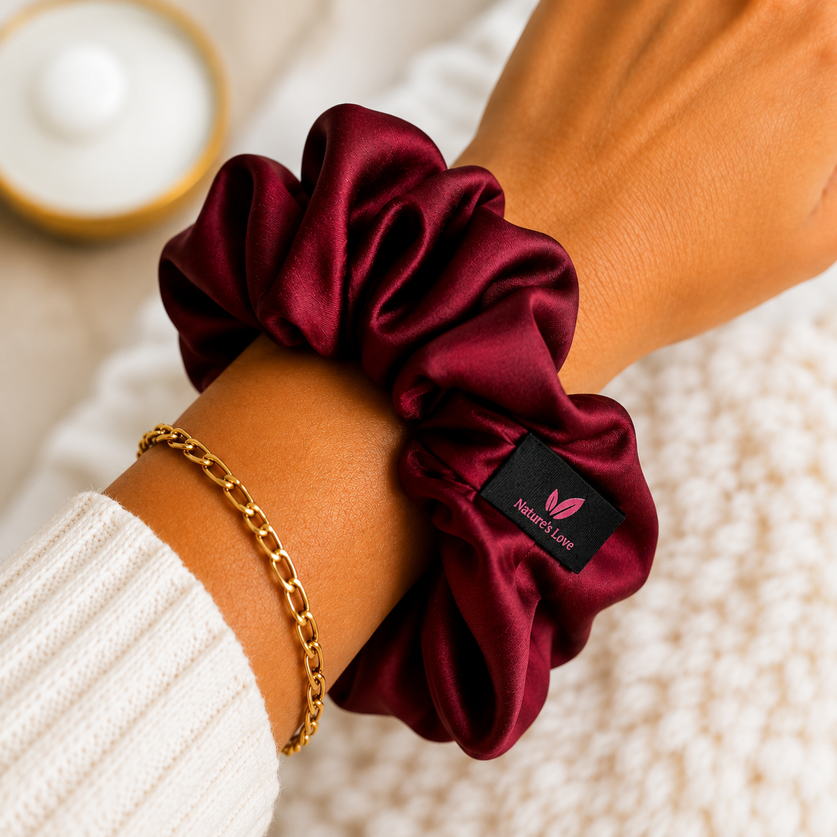 Nature's Love Burgundy XL Satin Scrunchie – Handmade Oversized Jumbo Hair Tie for Curly, Coily, Thick & Natural Hair
