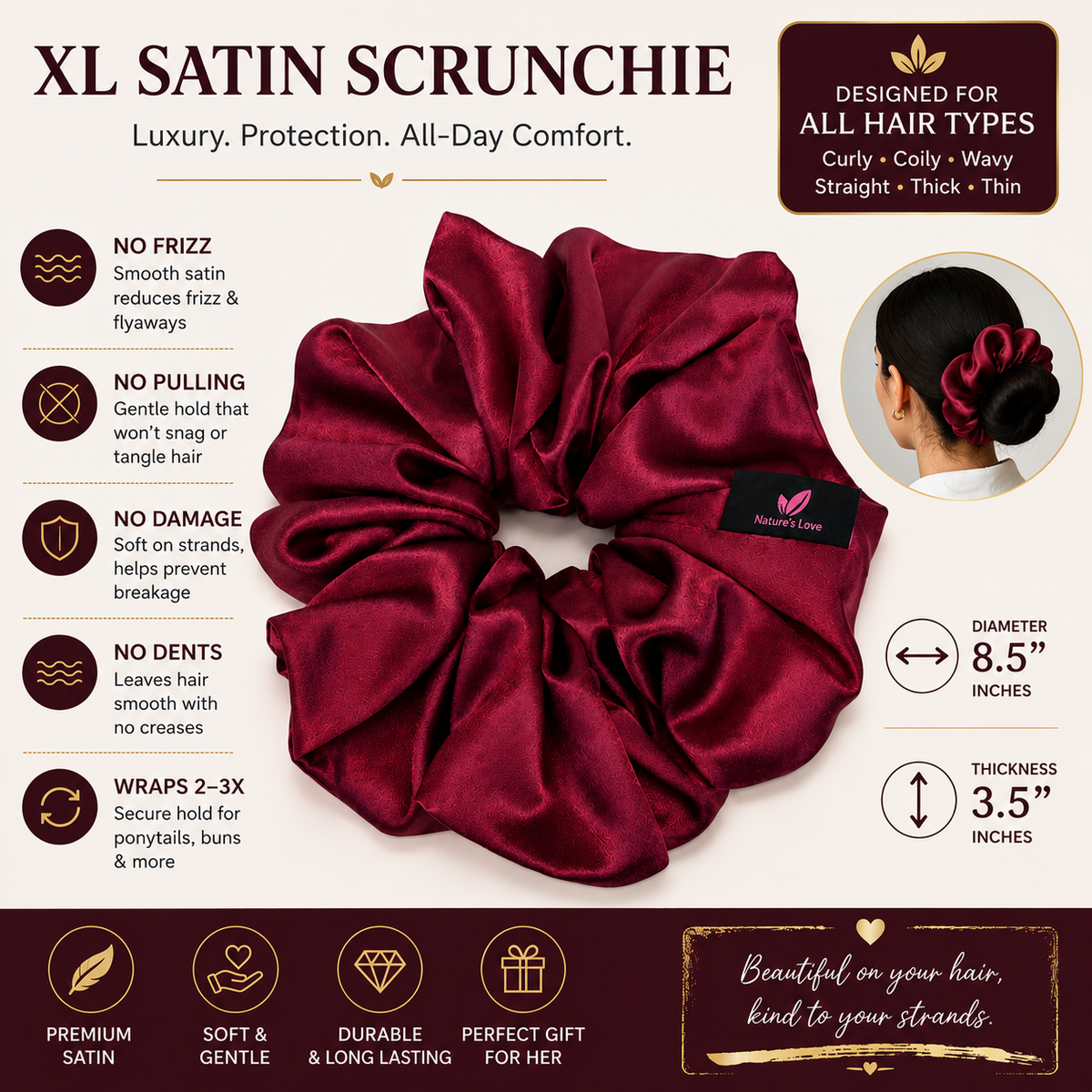 Nature's Love Burgundy XL Satin Scrunchie – Handmade Oversized Jumbo Hair Tie for Curly, Coily, Thick & Natural Hair