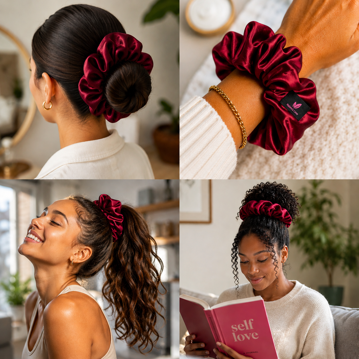 Nature's Love Burgundy XL Satin Scrunchie – Handmade Oversized Jumbo Hair Tie for Curly, Coily, Thick & Natural Hair