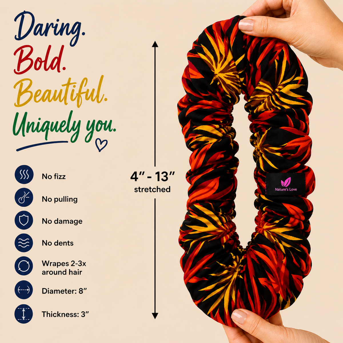 Nature's Love Ember Queen XL African Print Scrunchie – Oversized Jumbo Hair Tie for Curly, Coily & Thick Hair | Handmade