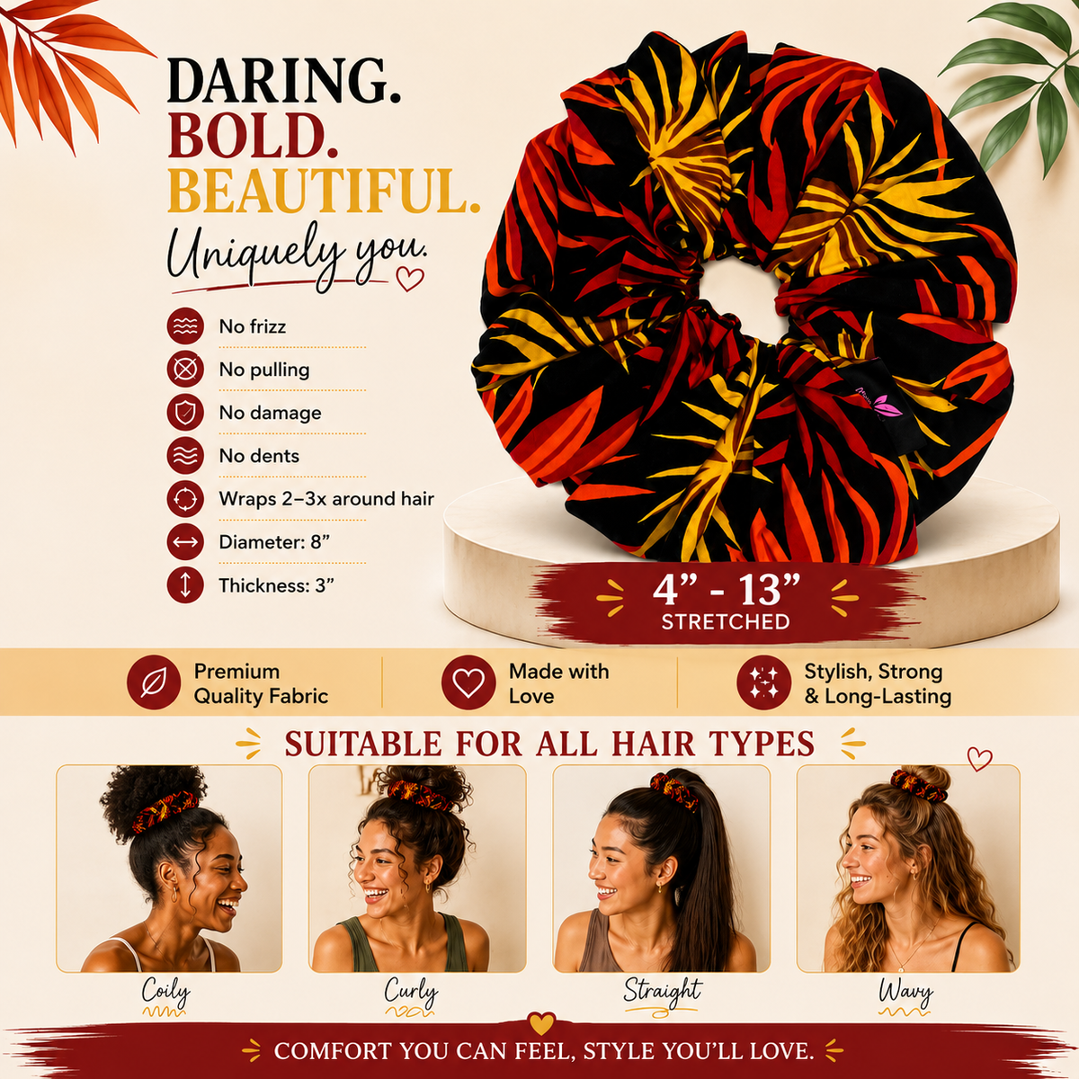 Nature's Love Ember Queen XL African Print Scrunchie – Oversized Jumbo Hair Tie for Curly, Coily & Thick Hair | Handmade
