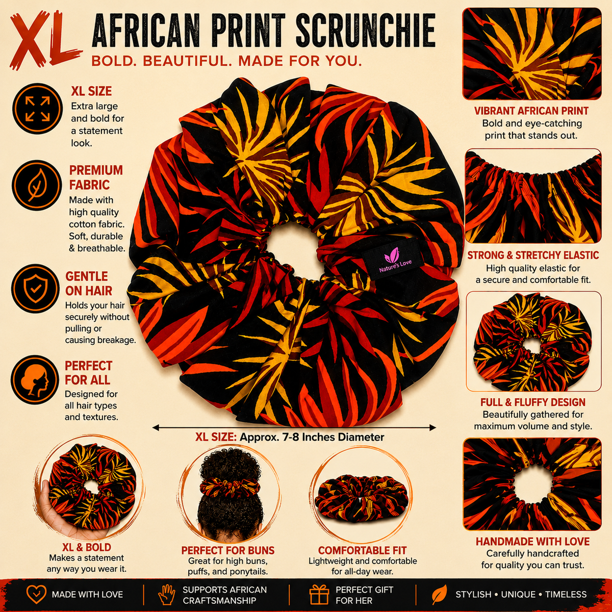 Nature's Love Ember Queen XL African Print Scrunchie – Oversized Jumbo Hair Tie for Curly, Coily & Thick Hair | Handmade