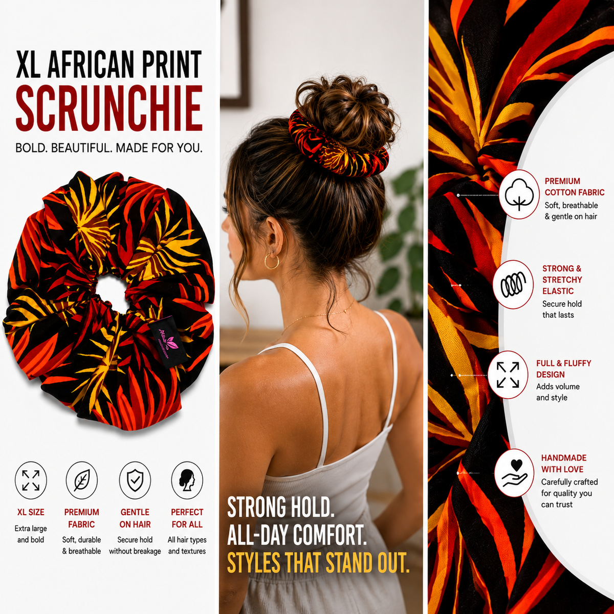 Nature's Love Ember Queen XL African Print Scrunchie – Oversized Jumbo Hair Tie for Curly, Coily & Thick Hair | Handmade