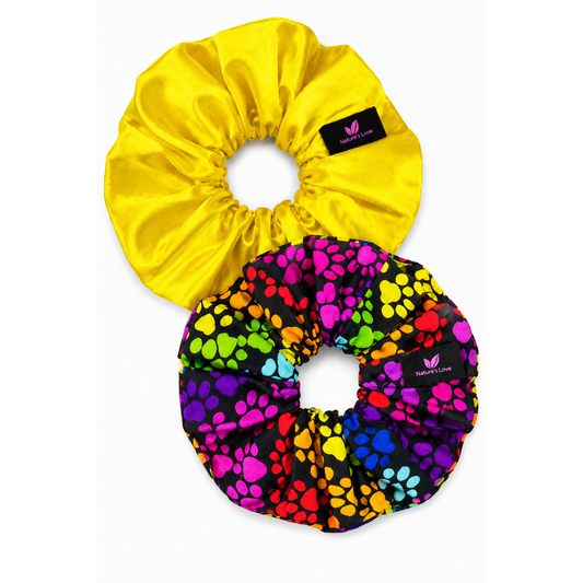 Nature's Love Joyous Paws XL Scrunchie Duo – Yellow Satin & Multicolor African Print Oversized Hair Scrunchies, Handmade 2-Pack