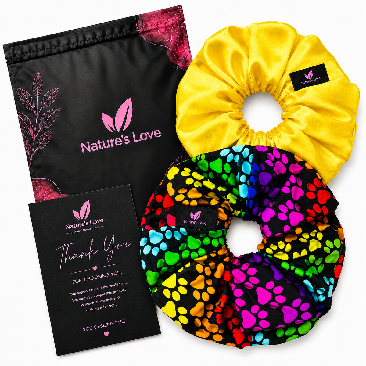 Nature's Love Joyous Paws XL Scrunchie Duo – Yellow Satin & Multicolor African Print Oversized Hair Scrunchies, Handmade 2-Pack