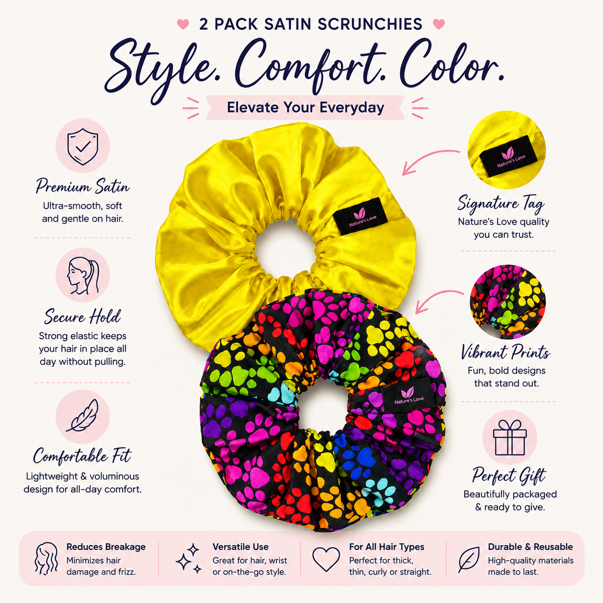 Nature's Love Joyous Paws XL Scrunchie Duo – Yellow Satin & Multicolor African Print Oversized Hair Scrunchies, Handmade 2-Pack