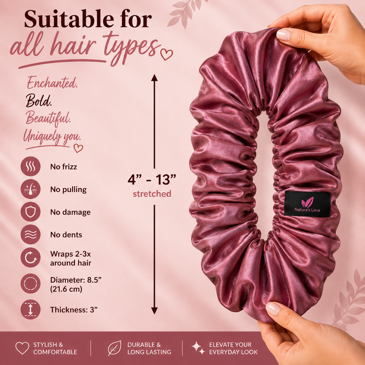 Nature's Love Rose Mauve Pink XL Satin Scrunchie – Handmade Oversized Jumbo Hair Tie for Curly, Coily & Thick Hair