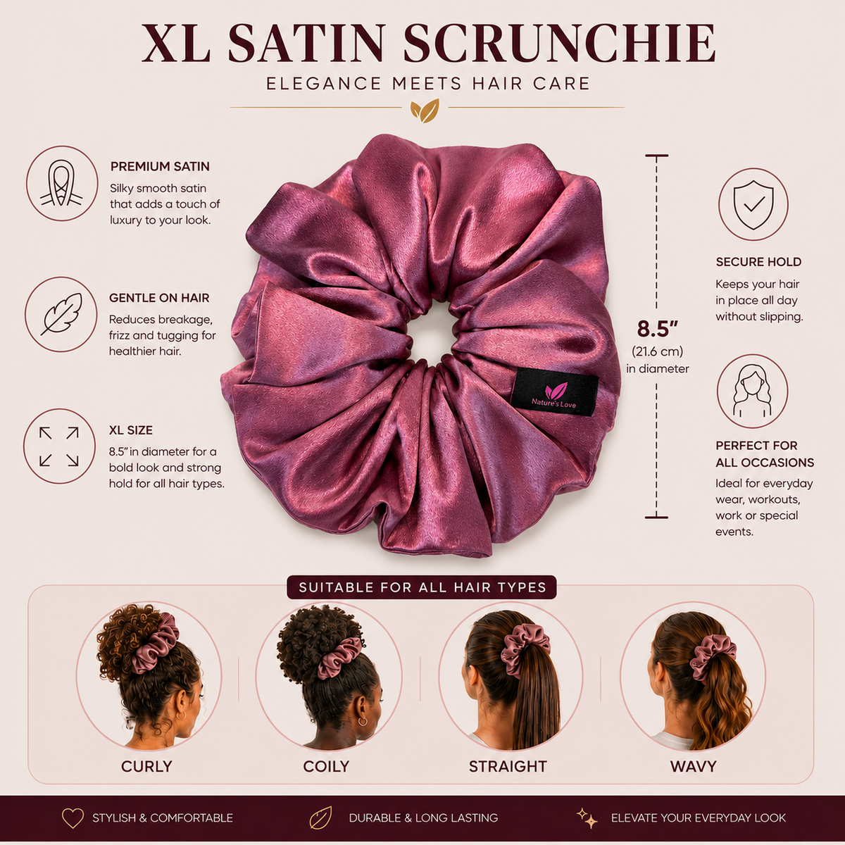 Nature's Love Rose Mauve Pink XL Satin Scrunchie – Handmade Oversized Jumbo Hair Tie for Curly, Coily & Thick Hair