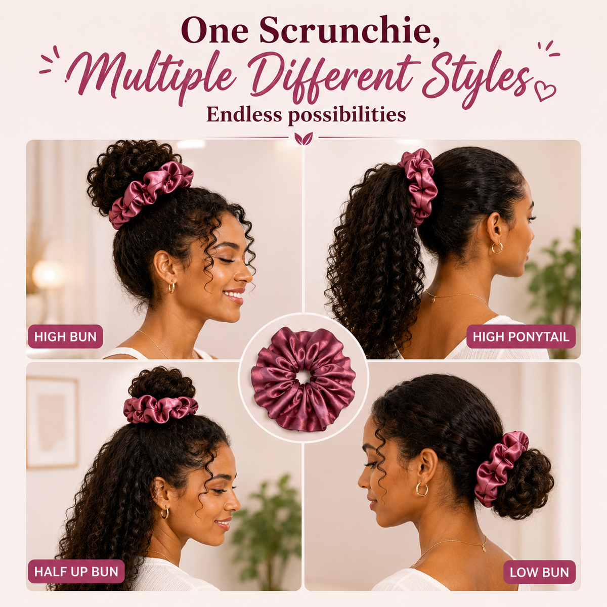 Nature's Love Rose Mauve Pink XL Satin Scrunchie – Handmade Oversized Jumbo Hair Tie for Curly, Coily & Thick Hair
