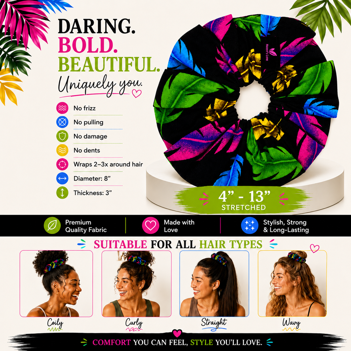 Nature's Love Tropical Leaves XL African Print Scrunchie – Multicolor Oversized Jumbo Hair Tie for Curly, Coily & Thick Hair | Handmade
