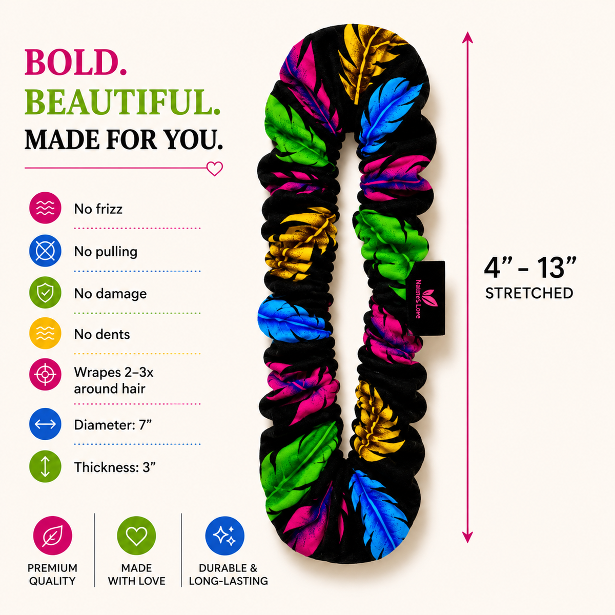 Nature's Love Tropical Leaves XL African Print Scrunchie – Multicolor Oversized Jumbo Hair Tie for Curly, Coily & Thick Hair | Handmade