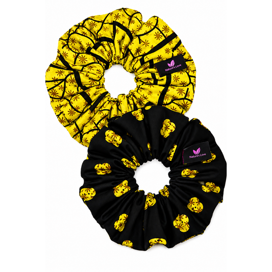 Nature's Love Solara Noir XL Scrunchie Duo – Yellow & Black African Print Oversized Hair Scrunchies, Handmade 2-Pack