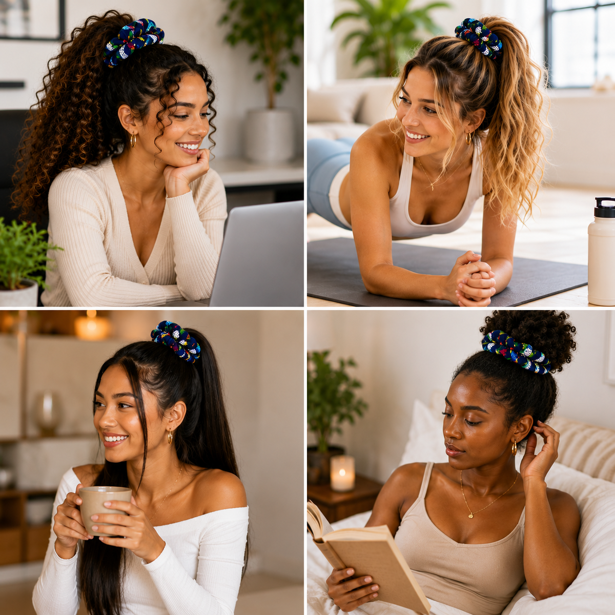 Wildflower XL Scrunchie Duo – Navy Blue Satin & African Print Oversized Hair Ties | Handmade Hair Accessories, 2-Pack