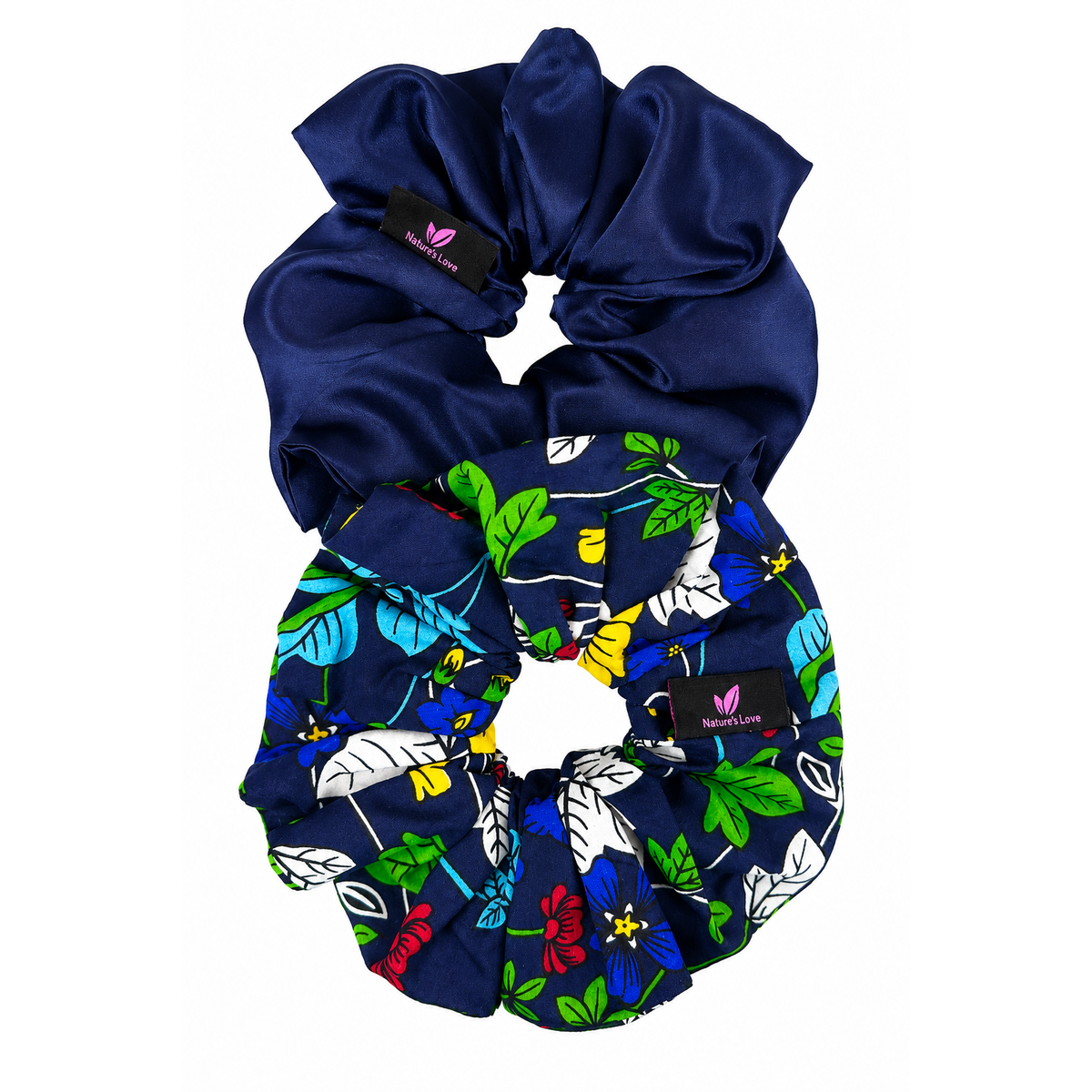 Wildflower XL Scrunchie Duo – Navy Blue Satin & African Print Oversized Hair Ties | Handmade Hair Accessories, 2-Pack