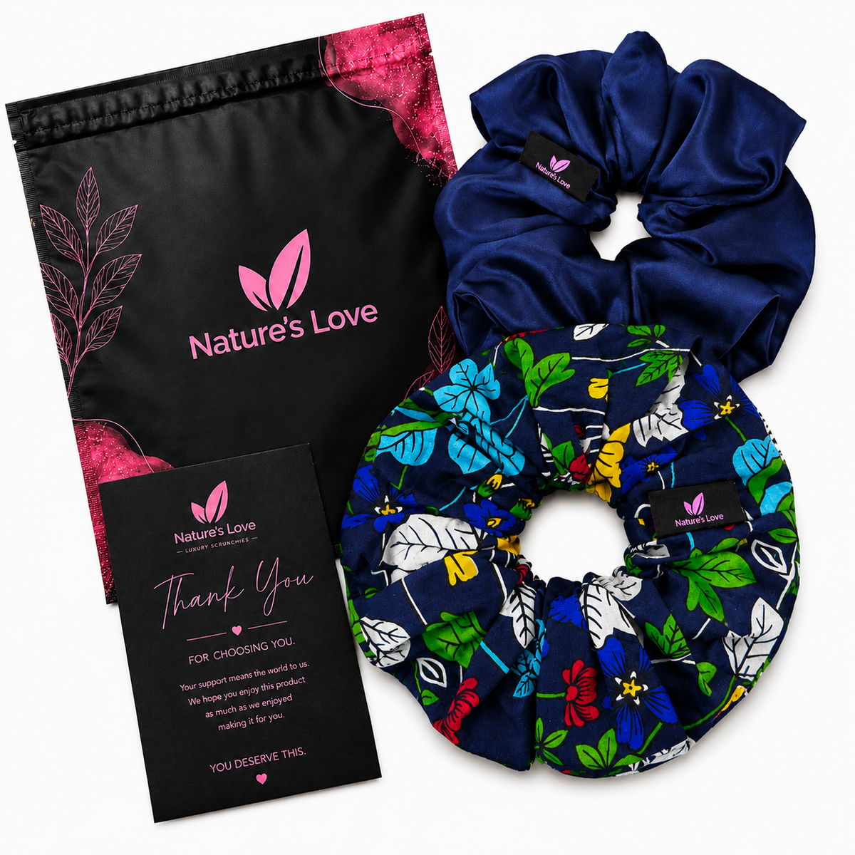 Wildflower XL Scrunchie Duo – Navy Blue Satin & African Print Oversized Hair Ties | Handmade Hair Accessories, 2-Pack