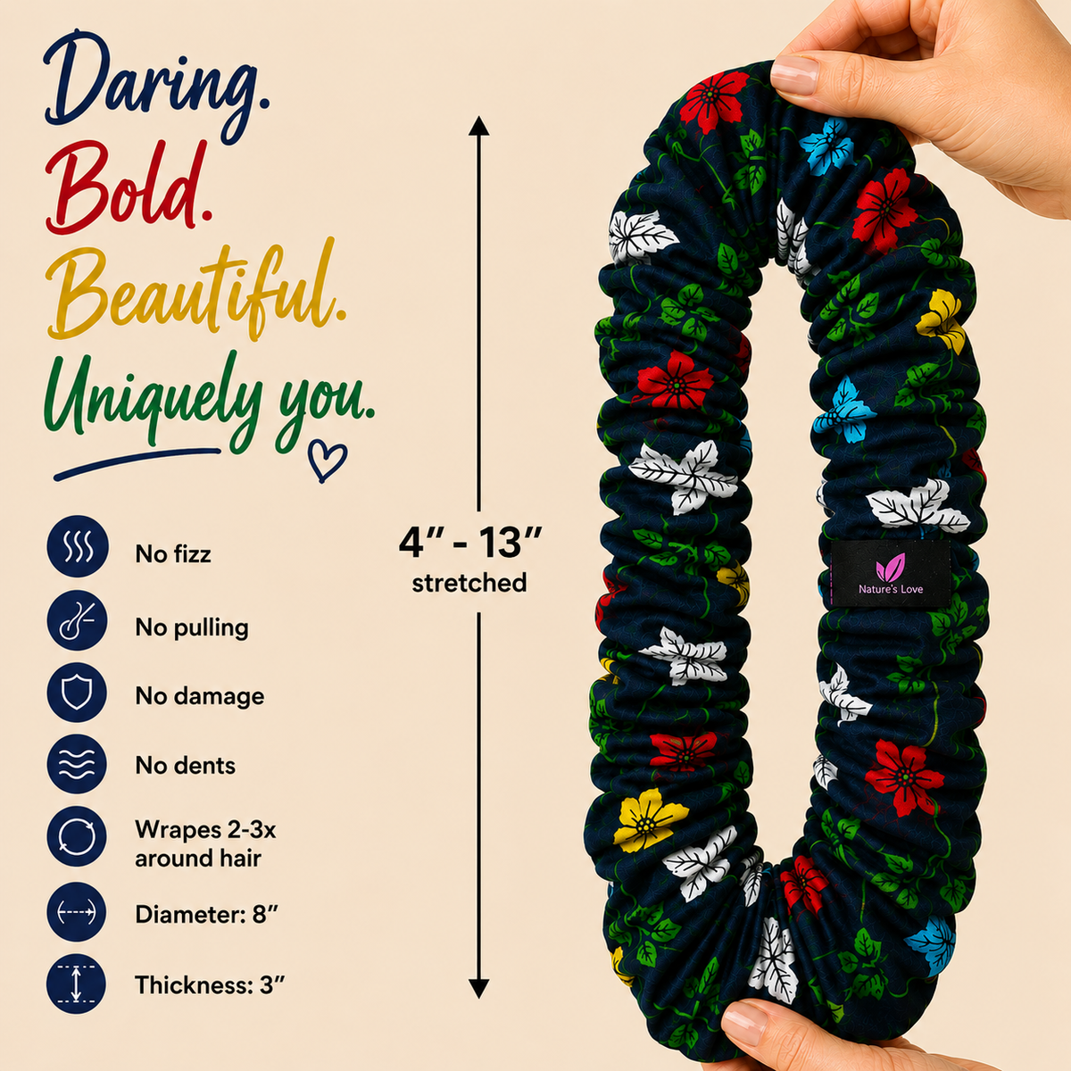 Wildflower XL Scrunchie Duo – Navy Blue Satin & African Print Oversized Hair Ties | Handmade Hair Accessories, 2-Pack