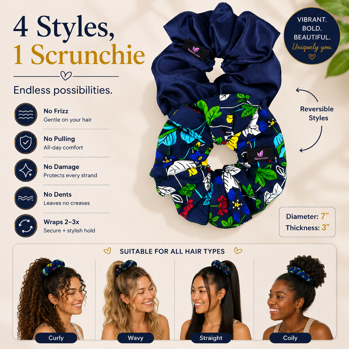 Wildflower XL Scrunchie Duo – Navy Blue Satin & African Print Oversized Hair Ties | Handmade Hair Accessories, 2-Pack